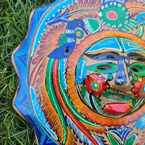 Vintage Mexican Terracotta Round Folk Art Sun Birds Hanging Wall Art - Picture 8 of 13